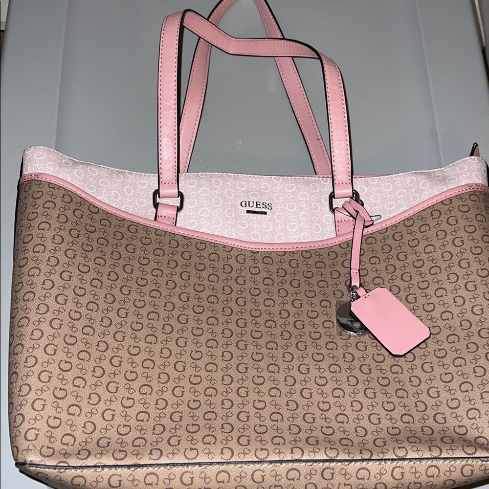 Guess Tan and Pink Tote Bag with Structured Design